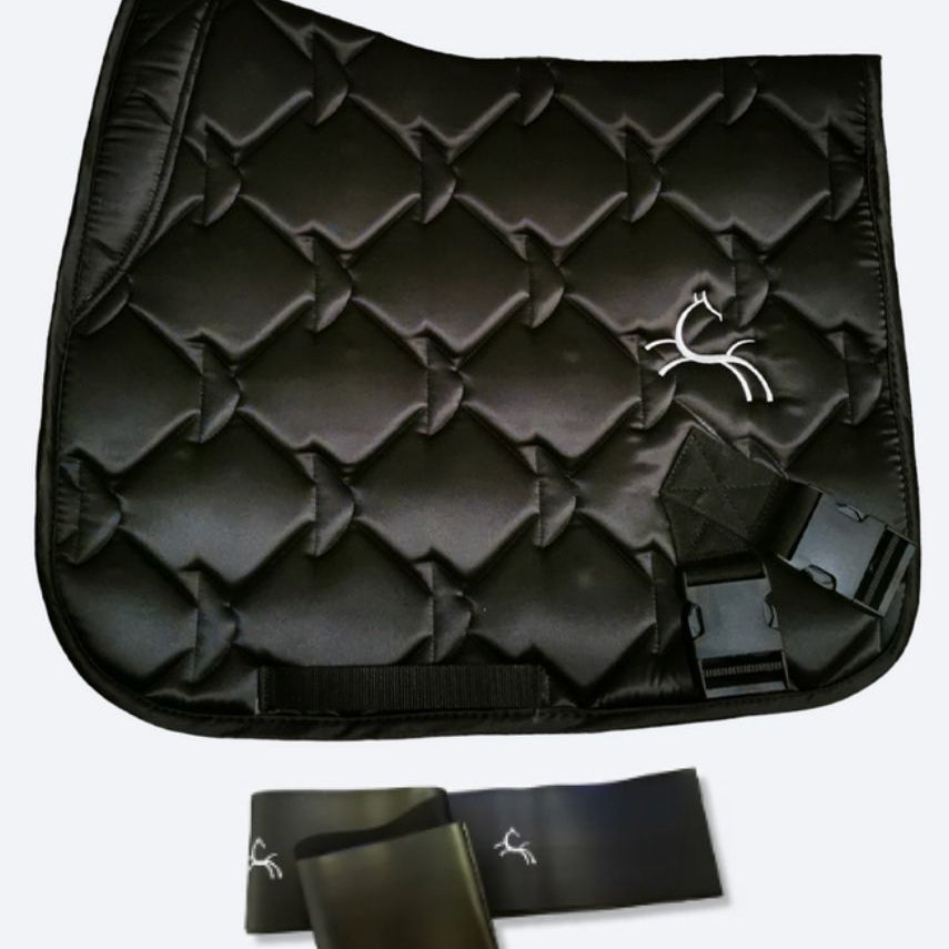 Black quilted saddle pad with a logo on a white background